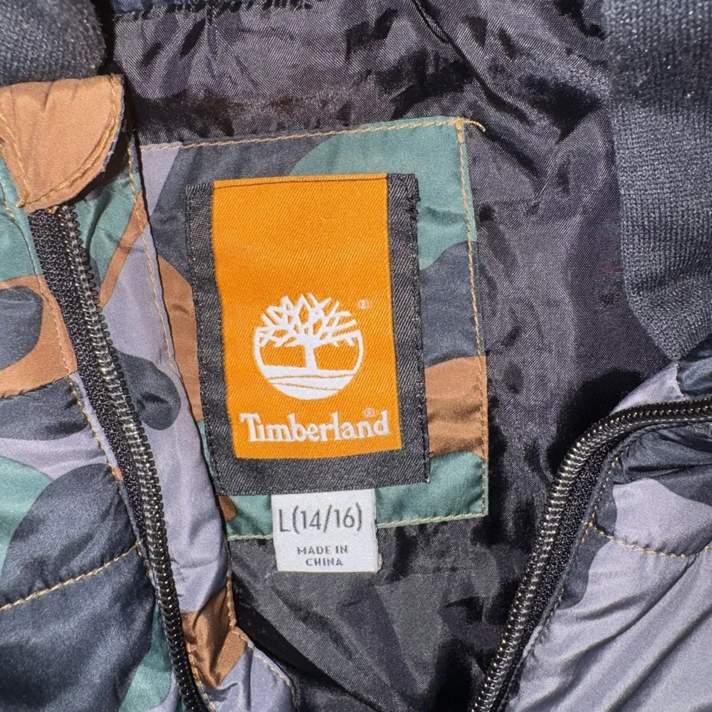 Timberland Hybrid Puffer Hoodie Boys L 14/16 Camo Quilted Full Zip Jacket